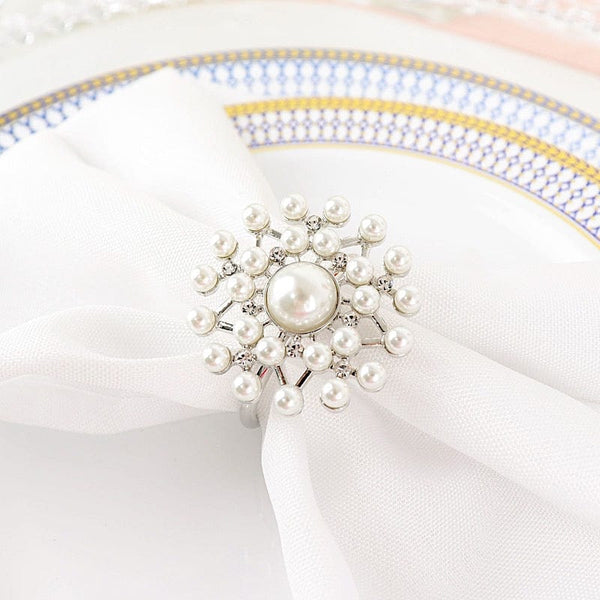 4 Silver and White Round Metal Dinner Napkin Rings with Faux Pearls and Rhinestones