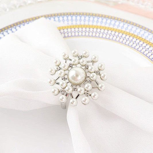 4 Silver and White Round Metal Dinner Napkin Rings with Faux Pearls and Rhinestones