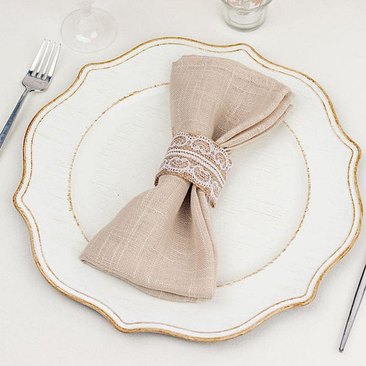 6 Natural and White Rustic Jute and Lace Fabric Napkin Rings