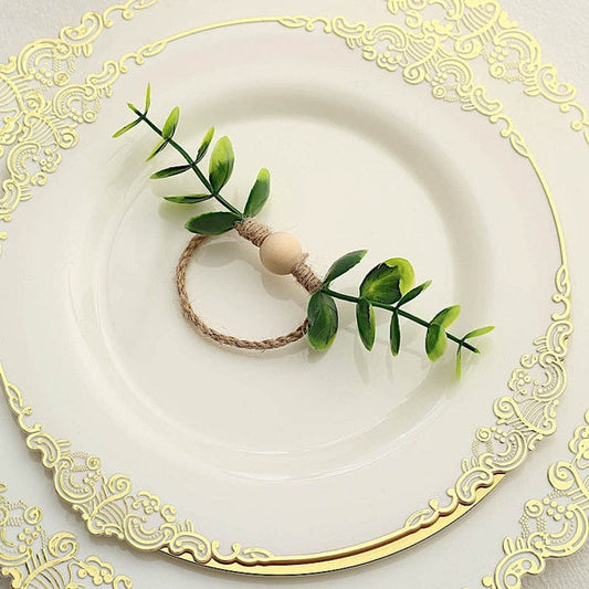 8 Natural Jute Napkin Rings with Wooden Bead and Green Eucalyptus Leaves