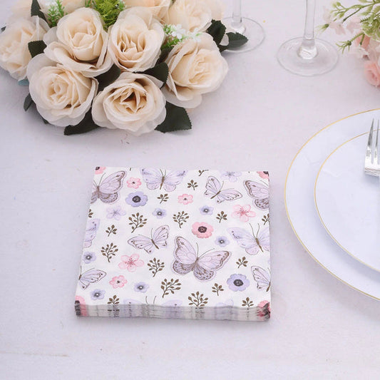 20 Ivory 13x13 in Cocktail Paper Napkins with Lavender Butterfly Design