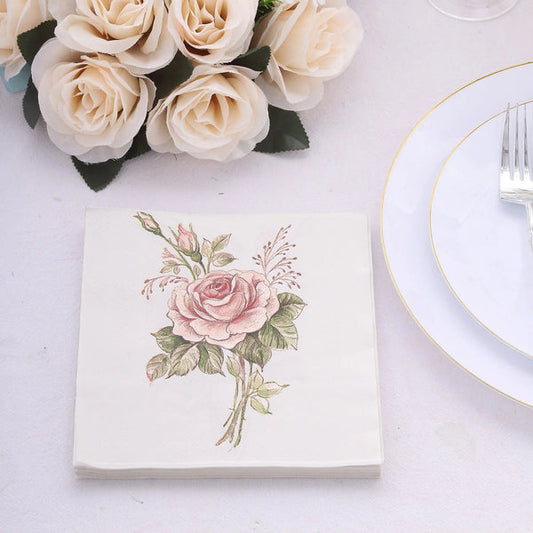 20 Ivory 13x13 in Cocktail Paper Napkins with Pink Rose Design