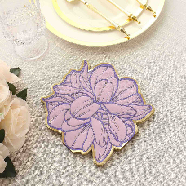 20 Purple Peony Flower Shaped Paper Beverage Napkins with Gold Edges
