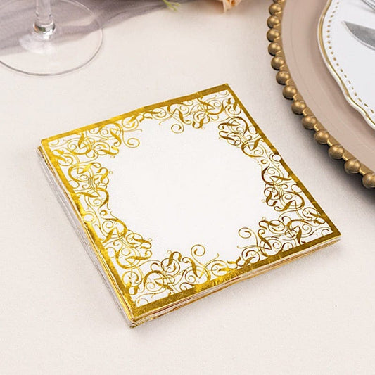 20 Soft 3 Ply Disposable Dinner Paper Napkins with Gold Lace Design