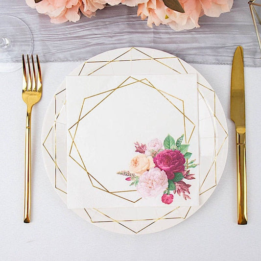 20 White 13x13 in Dinner Cocktail Paper Napkins with Floral Hexagon Design