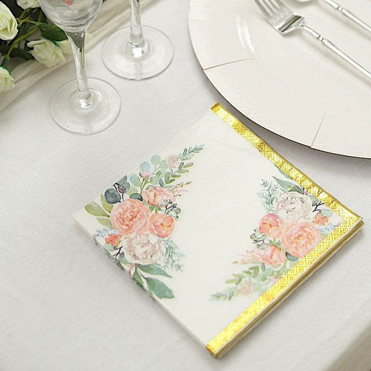 20 White 13x13 in Dinner Paper Napkins with Pink Peony Flower Design