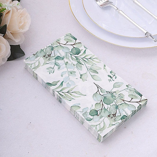 20 White 2 Ply Disposable Dinner Paper Napkins with Green Leaves Design