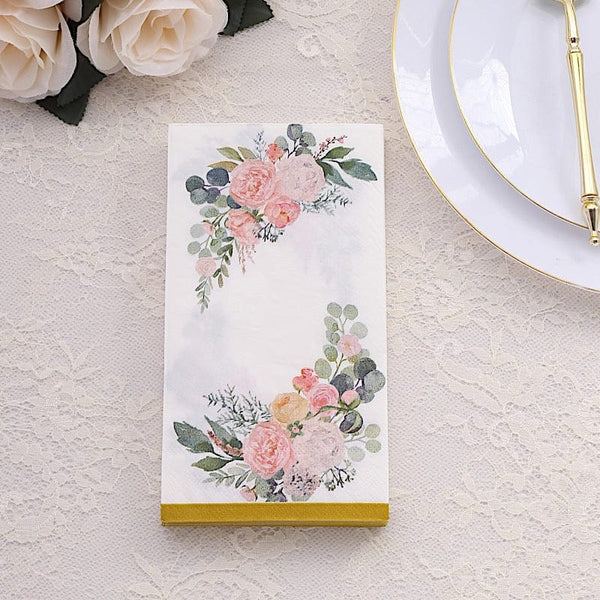 20 White 2 Ply Disposable Dinner Paper Napkins with Peony Flower Print and Gold Edge