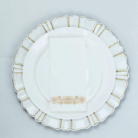 20 White with Rose Gold Metallic Floral Design Airlaid Paper Napkins
