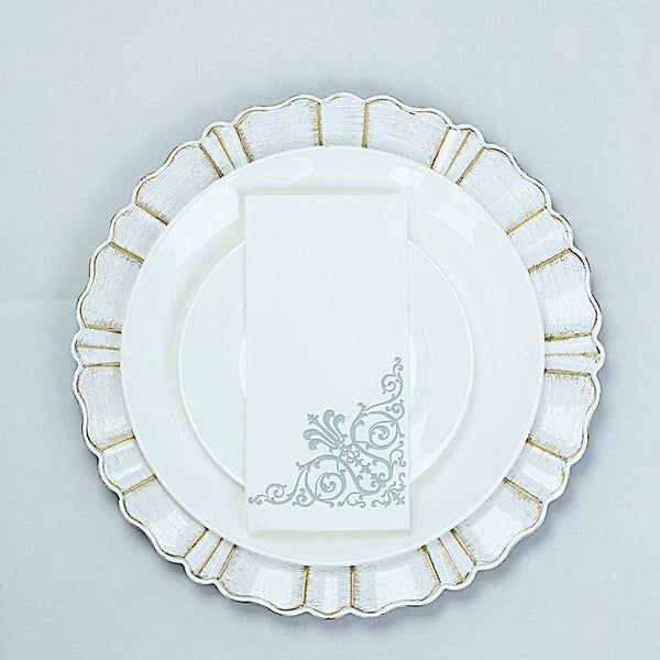 20 White with Silver Metallic Vintage Design Airlaid Paper Napkins