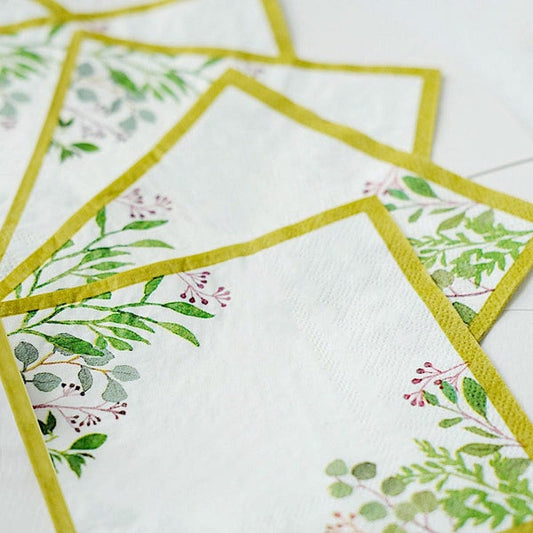 24 White 10 in Greenery Design 2-Ply Paper Dinner Napkins with Gold Rim