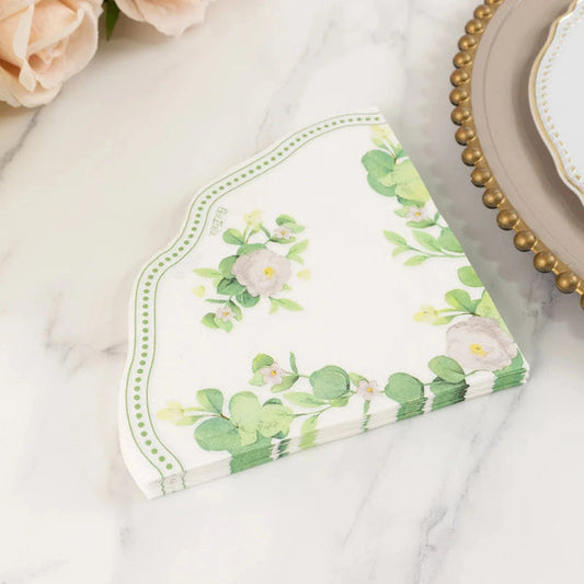25 White Green Floral Greenery Round Paper Napkins with Scalloped Edge
