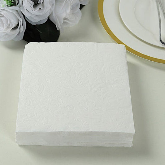 50 White 13 in Embossed Paper Cocktail Napkins with French Swirl Pattern