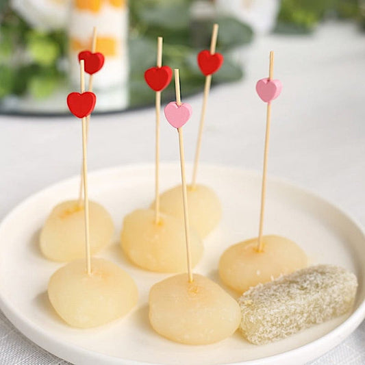 100 Natural Bamboo Skewers Red and Pink Heart Top Sustainable Cocktail Picks