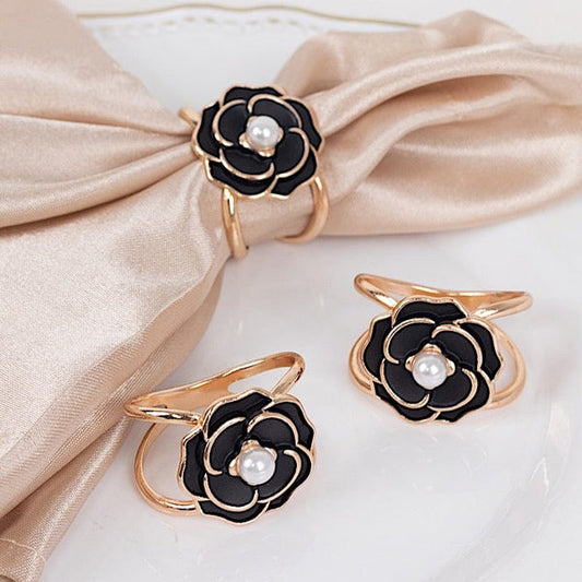10 Pearl 3D Rose Metal Napkin Rings with Gold Rim
