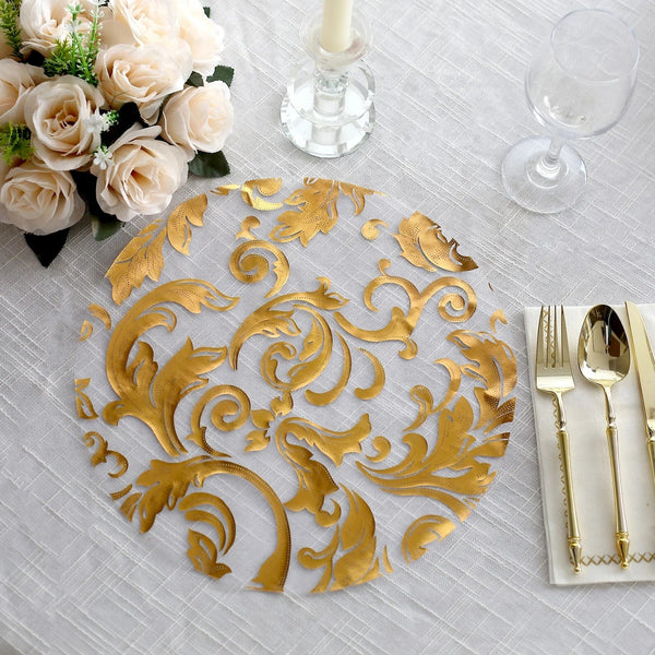 10 Round 13 in Sheer Organza Placemats with Metallic Swirl Foil Floral Design