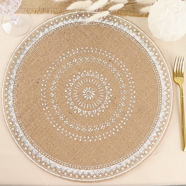 4 Natural 15 in Round Burlap Jute Braided Placemats with White Prints