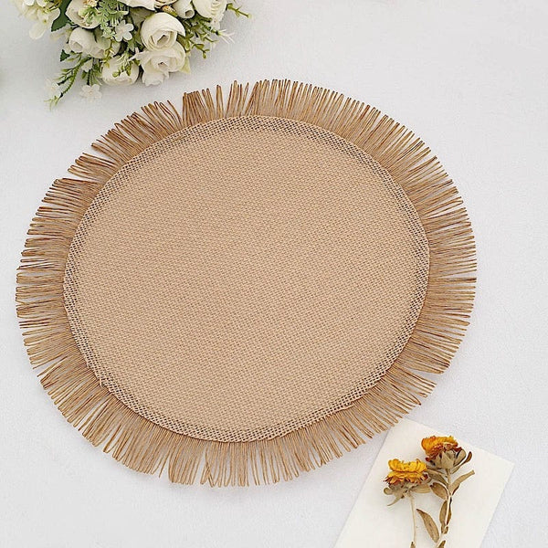 4 pcs 16 in Round Jute Burlap Table Placemats with Fringe Edge