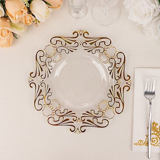 10 Clear Round Disposable Salad Dinner Plastic Plates with Gold Baroque Design