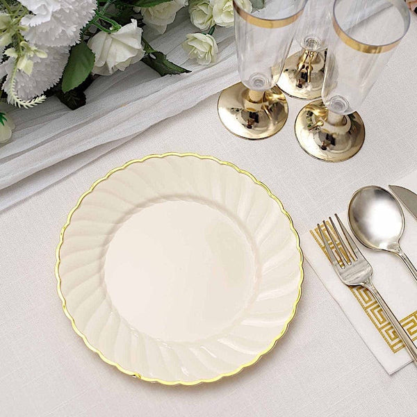 10 Ivory Round Disposable Plastic Salad Dinner Plates with Gold Swirl Design Trim