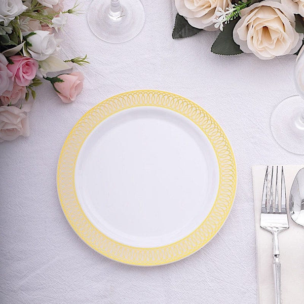 10 Round Disposable Salad and Dinner Plastic Plates with Spiral Trim