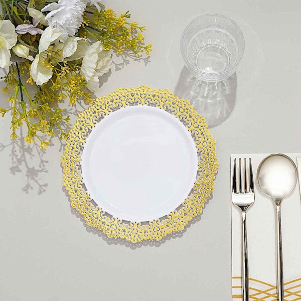 10 Round White Disposable Salad and Dinner Plastic Plates with Gold Lace Trim