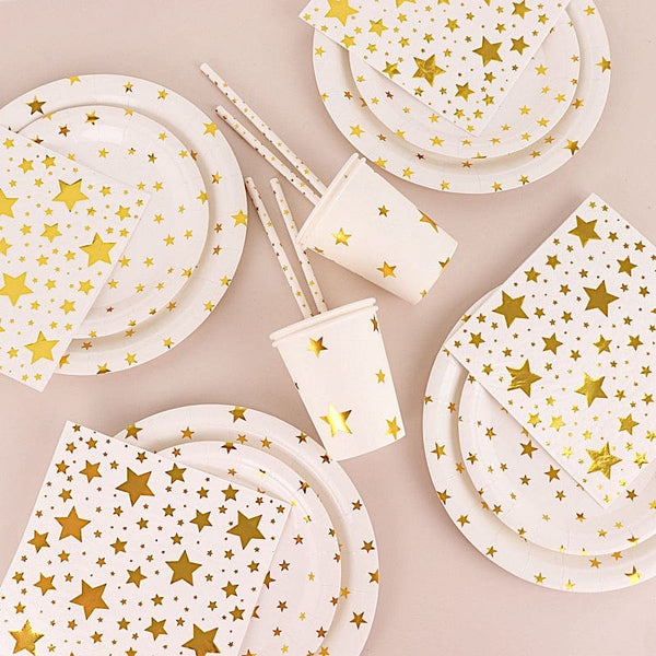 120 White with Gold Stars Disposable Paper Tableware Party Supplies Set