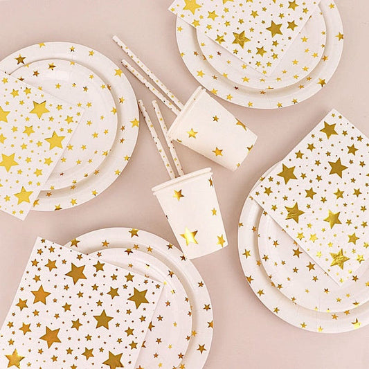 120 White with Gold Stars Disposable Paper Tableware Party Supplies Set