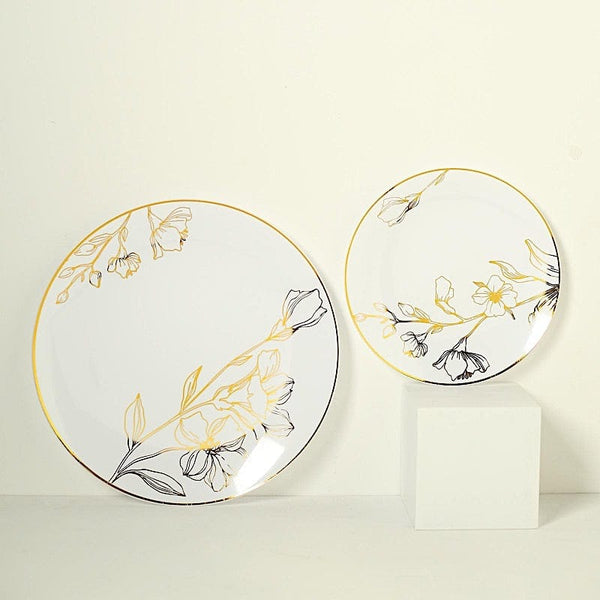 20 Round Disposable Salad and Dinner Plastic Plates with Gold Floral Design