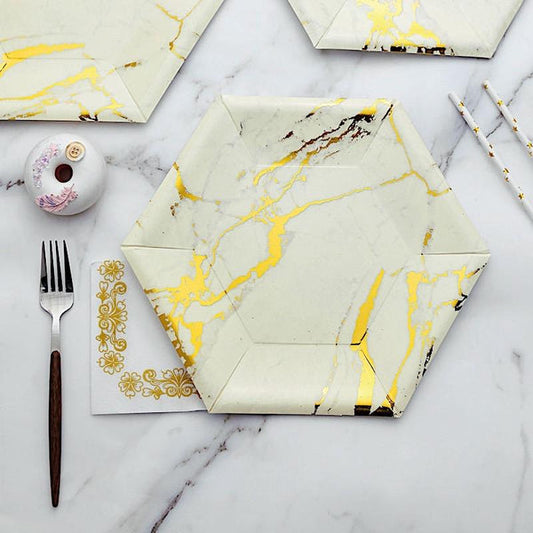 25 pcs 12 in Hexagon with Marble Design Disposable Paper Dinner Plates