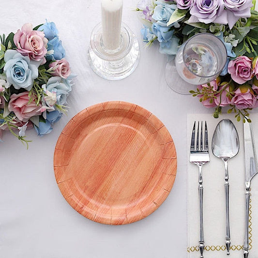25 Natural Round Disposable Paper Plates Wood Grain Design