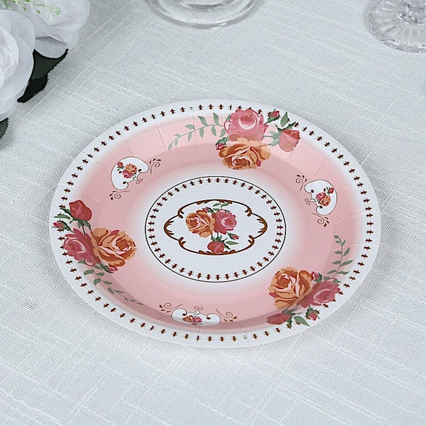 25 Paper Round Disposable Plates with Vintage Rose Flower Print