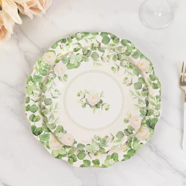 25 White Green Floral Greenery Paper Round Plates with Scalloped Edge