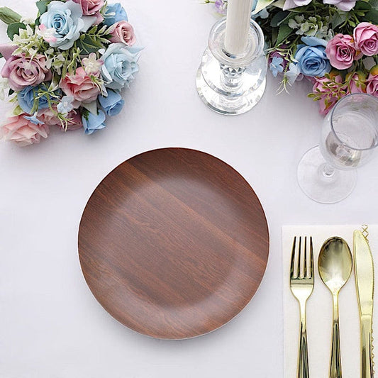 6 Round Disposable Heavy Duty Plastic Plates Wood Grain Design