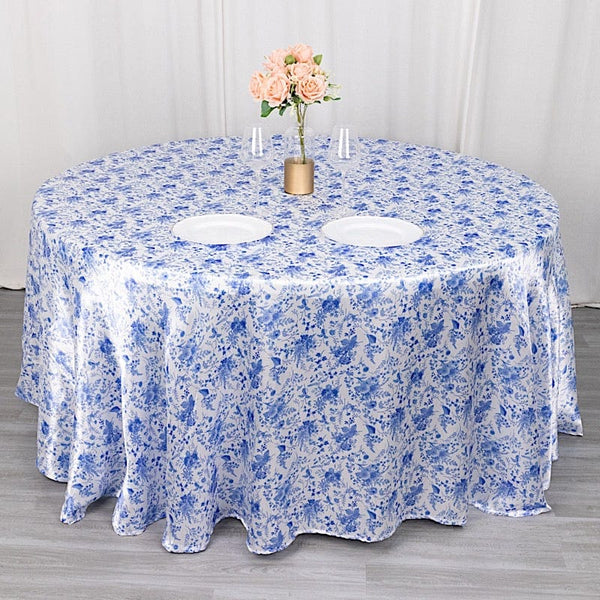 120 in White Satin Round Tablecloth with Blue Floral Print