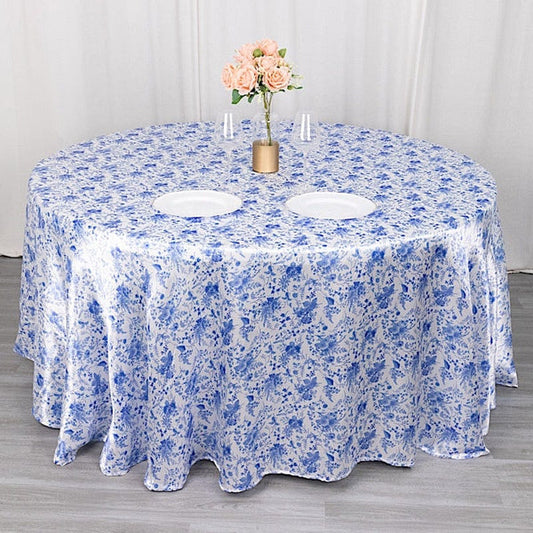 120 in White Satin Round Tablecloth with Blue Floral Print