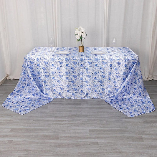90x156 in White Satin Rectangle Tablecloth with Blue Floral Print