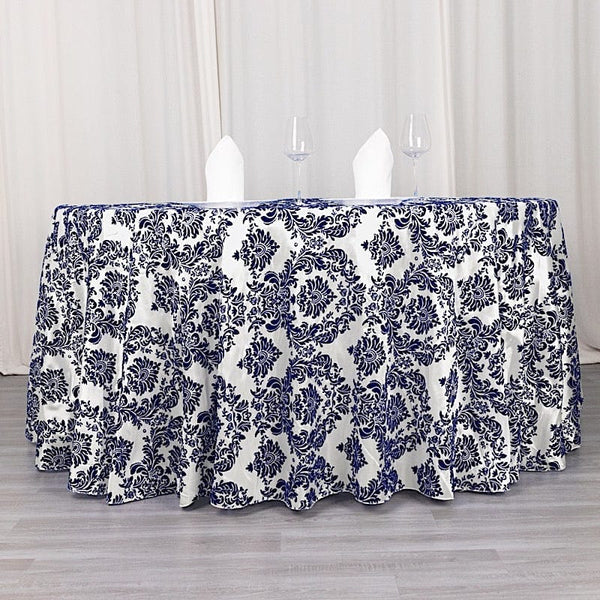120 in Damask Taffeta Round Tablecloth with Velvet Flocking