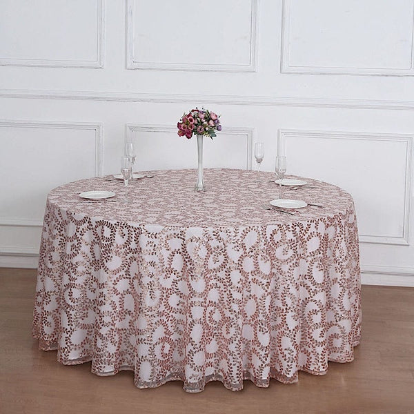120 in Embroidered Leaves Sequined Sheer Tulle Round Tablecloth
