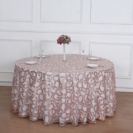 120 in Embroidered Leaves Sequined Sheer Tulle Round Tablecloth