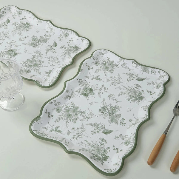 10 Disposable 14 in Rectangular Paper Serving Trays with Sage Green French Toile Pattern