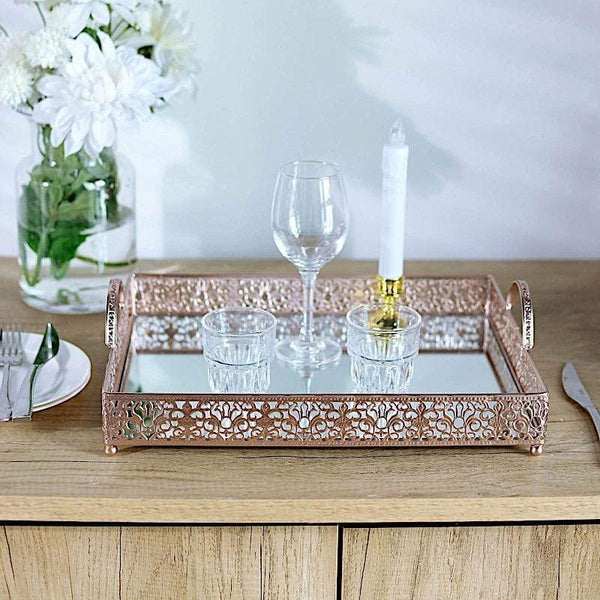 16x12 in Metal Rectangle Fleur De Lis Trim Decorative Mirror Serving Tray