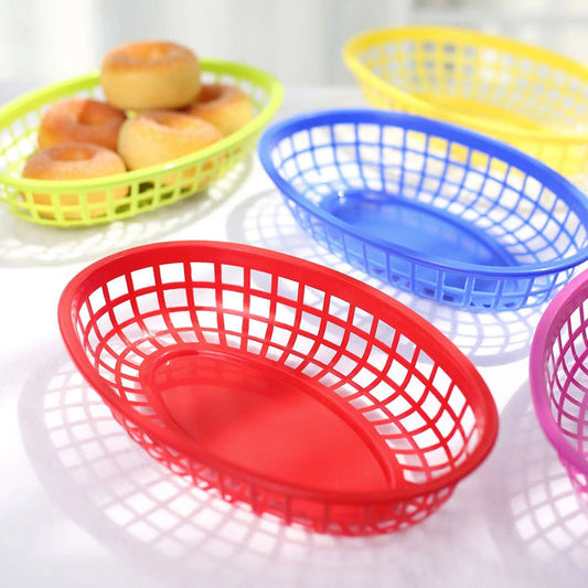 6 Assorted Oval Plastic Food Baskets with 50 Wax Paper Liners