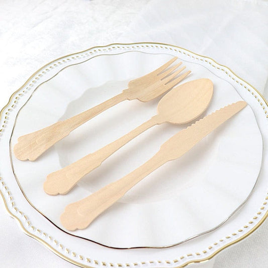 24 Disposable Natural Birchwood Cutlery Set Baroque Design Spoons Forks Knives