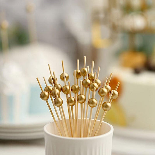 100 Light Brown 4.5 in Natural Sustainable Bamboo Skewers Cocktail Picks with Gold Pearls