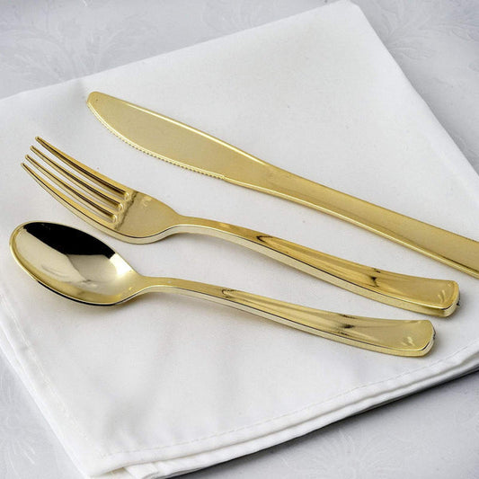 24 pcs Gold Metallic Set Disposable Plastic Party Spoons Forks and Knives