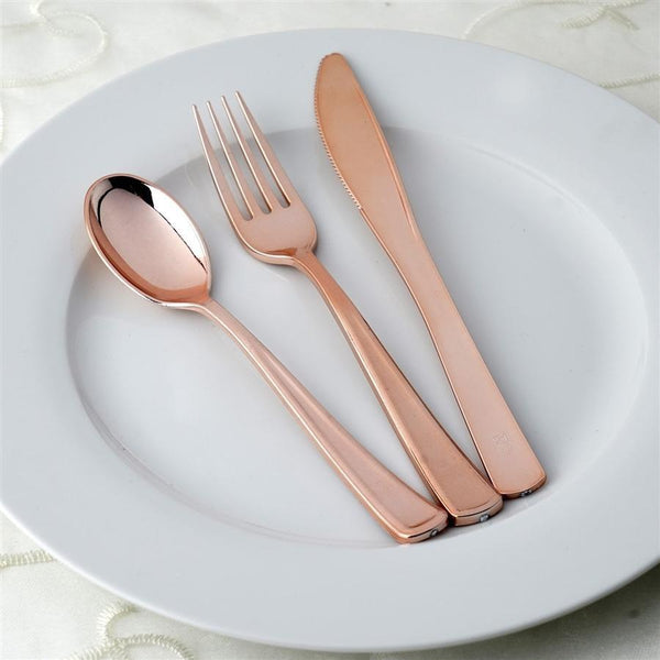 30 pcs Rose Gold Metallic Set Disposable Plastic Party Spoons, Forks, and Knives
