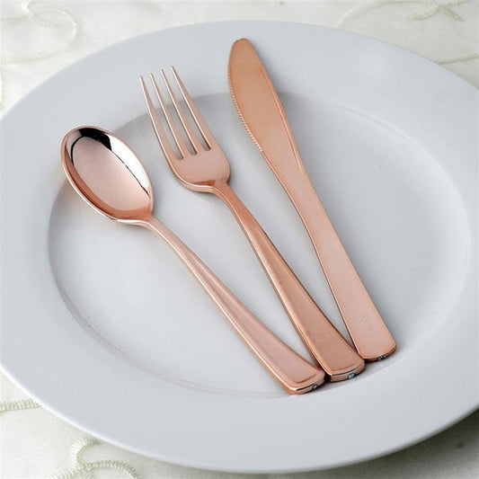30 pcs Rose Gold Metallic Set Disposable Plastic Party Spoons, Forks, and Knives