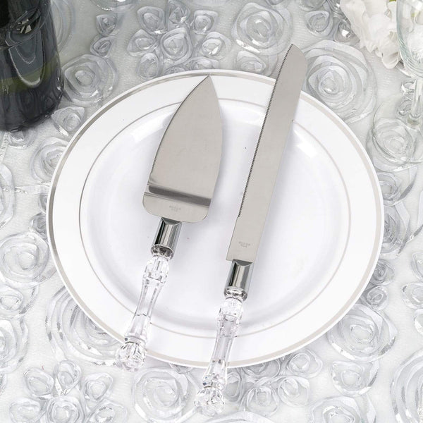 Silver and Clear Cake Knife and Server Set with Crystal Handles