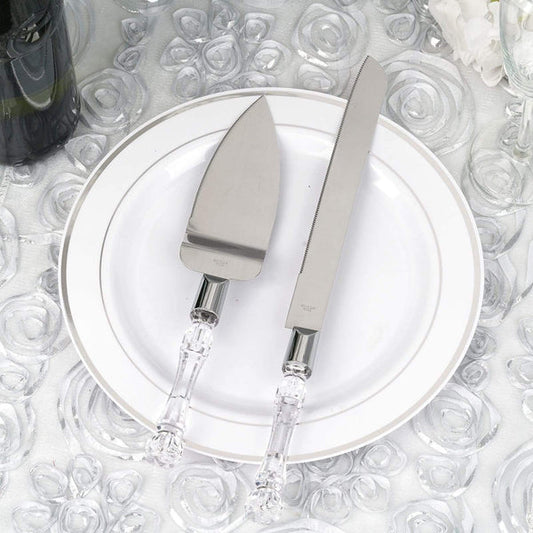 Silver and Clear Cake Knife and Server Set with Crystal Handles